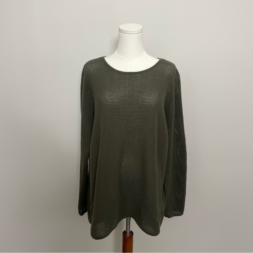 Michael Kors Sweater Tunic Open Knit Lightweight High Low Round Neck Olive Green